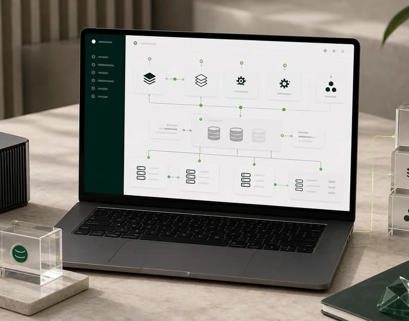Scalable software architecture shown on a laptop with modular system components