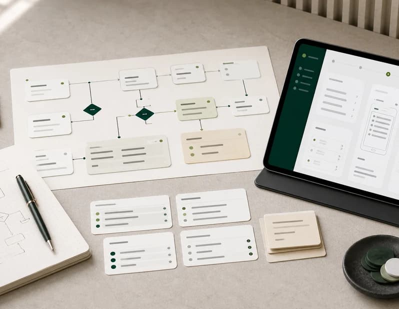Workflow planning cards and tablet interface for custom software discovery